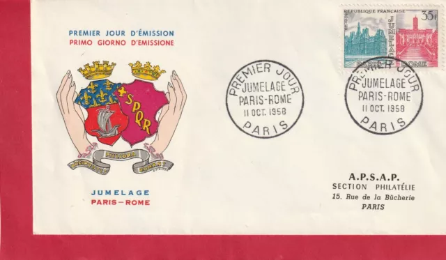 ENVELOPPE  1er JOUR- FDC : 1958  JUMELAGE PARIS-ROME