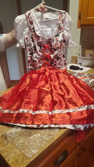 Gaudi dirndl  Red/Pink Floral print. Includes Blouse and Apron Size 46