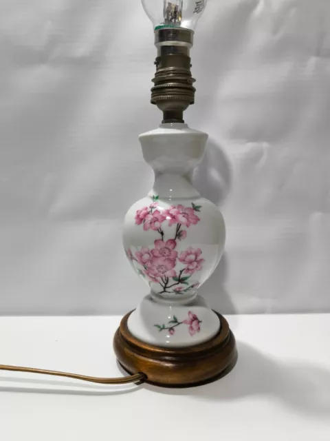 🌷Ancienne Lampe Sur Pied À Poser  En Porcelaine avec Base En Bois 🌷 Vintage🌷