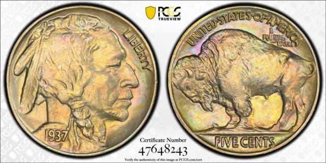 PCGS MS-65 1937 Toned Buffalo Nickel, Gorgeous BU UNC Rainbow Toning