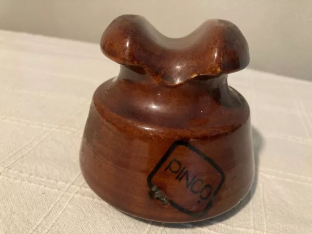 Vintage Porcelain Electrical Insulator Marked PINCO BROWN Ceramic Insulator