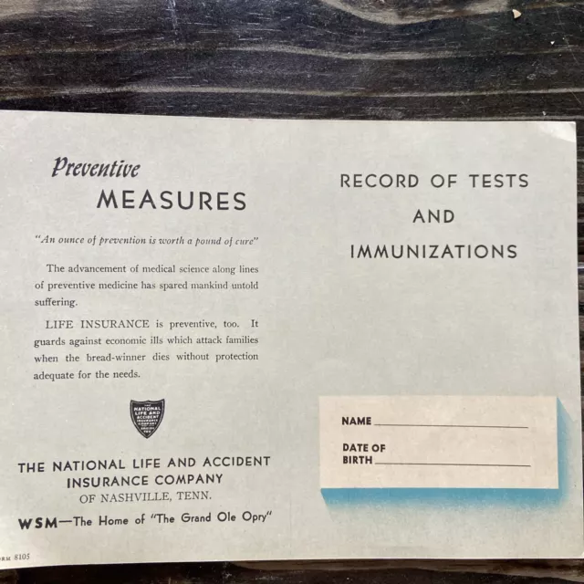 National Life And Accident Insurance Company Nashville, TN (1950s) Immunizations