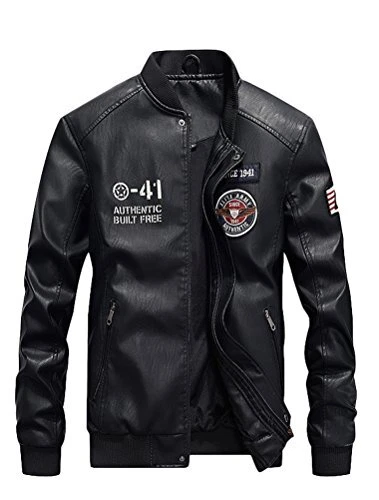 Lavnis Mens Faux Leather Jacket Casual Long Sleeve Stand Collar Baseball Coat