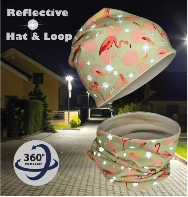 360° Reflektor Kinder Mädchen Beanie Mütze + Loop-Schal Set - Flamingo 2