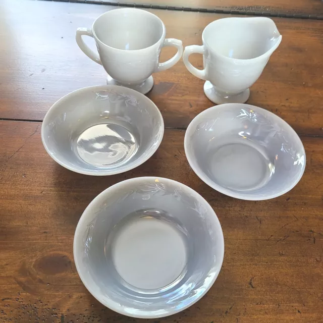 Fire King Restaurant Ware - Sugar & Cream and 3 Bowls - Ivory Mik Glass