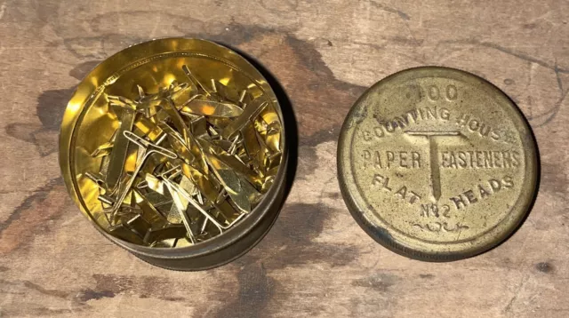 ANTIQUE NO.2 FLAT Head Brass Paper Fasteners In Original Tin Container ...
