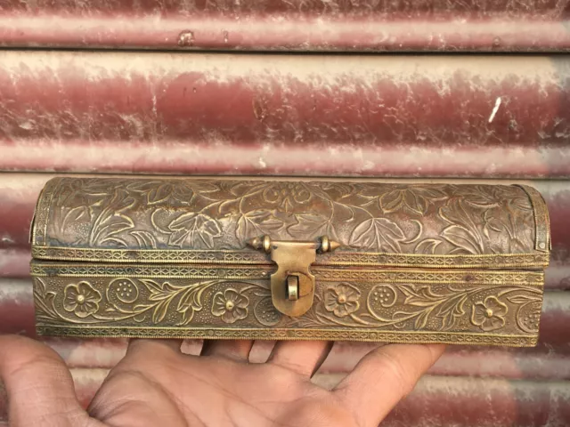 Old Vintage Handmade Floral Brass Fitted Wooden Storage Box For Multipurpose Use