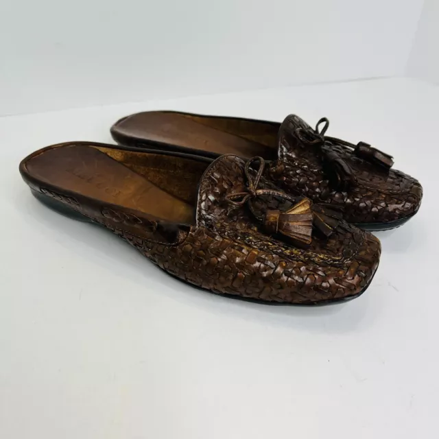 Sesto Meucci of Florence Brown Woven Leather Slip-On Bow Mule Shoes Womens 6 M