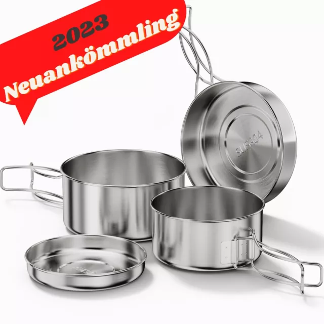 4-Teilig Camping Kochtopf Outdoor-Töpfe Pfanne Kochgeschirr EdelstahlSet Faltbar