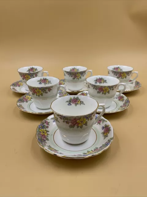 6 - Colclough Green/ White Tea Cup and Saucer Flowers Bone China England Gold