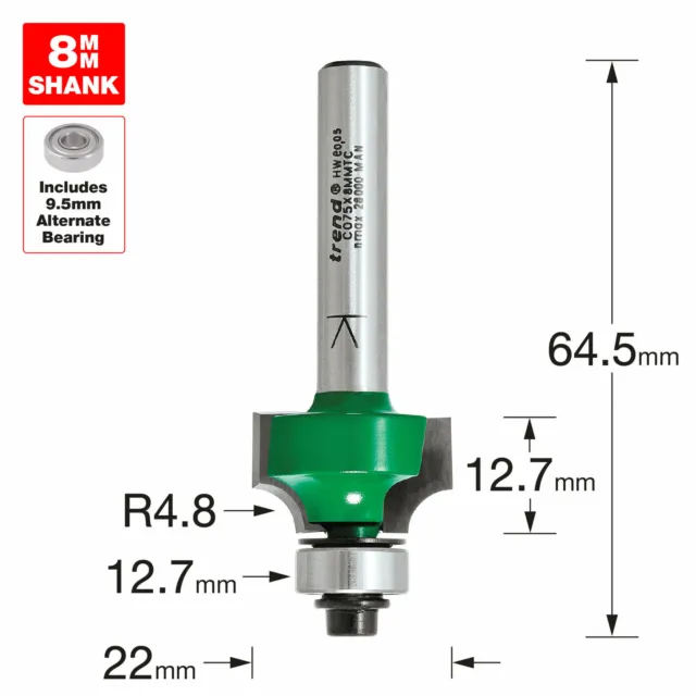 Trend CRAFTPRO Round Over and Ovolo Router Cutter 22mm 12.7mm 8mm
