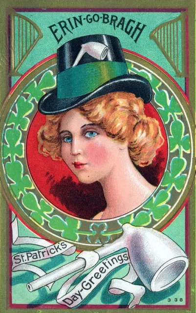 ST. PATRICK'S DAY - Young Woman Wearing Hat Erin Go Bragh Postcard - 1912