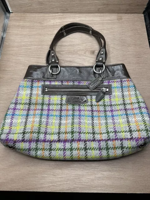 Coach Penelope Tattersall Plaid Wool Tweed Patent Leather Tote Bag