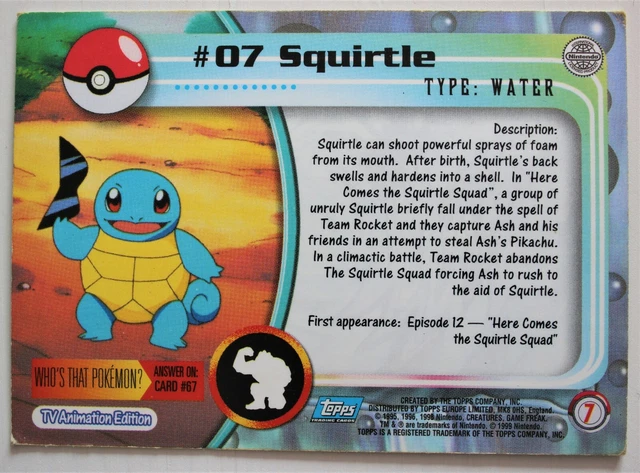 POKEMON #07 SQUIRTLE - TOPPS Trading Card 1st Printing (Blue Logo) HOLO ...
