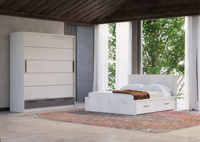 Bett Doppelbett mit 2 Schubladen LINEA 160x200 cm Eiche grau geweißt