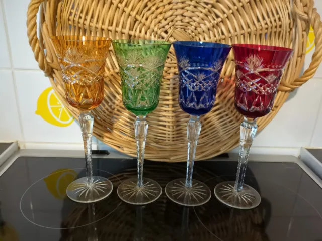 Vintage Bohemian Crystal Wine Glasses Harlequin Coloured x 4 With Embossed Stem