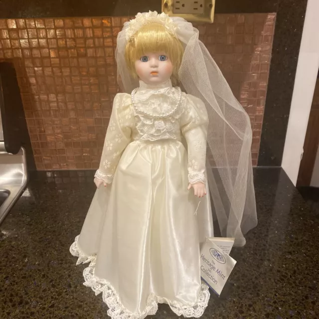 The Heritage Mint Collection Ltd. Porcelain 16" Doll Wedding Bride w Stand