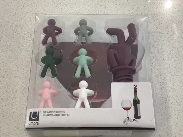Umbra Drinking Buddy Wine Bottle Stopper and Wine Glass Charms, 7-Piece Set New