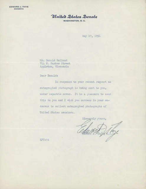 Senator Edward J. Thye Signed Letter