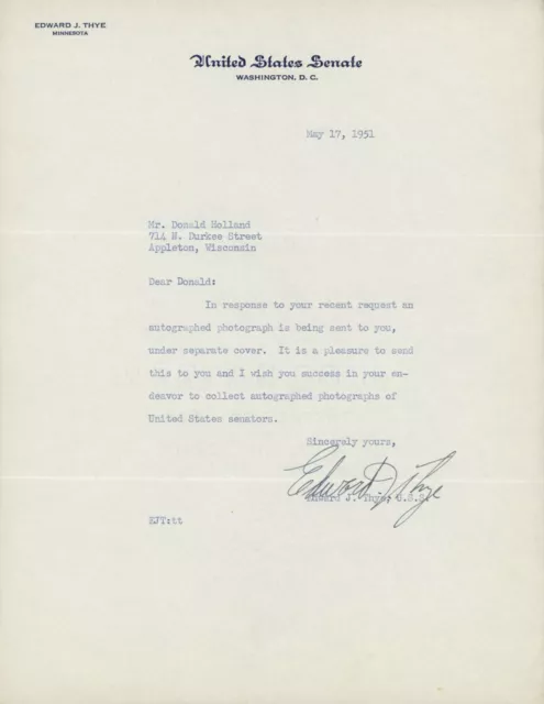 Senator Edward J. Thye Signed Letter
