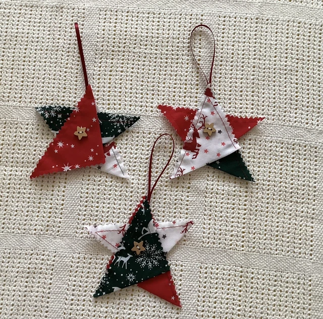 Hand Made Fabric Christmas Tree Decorations Stars With Hanging Loops