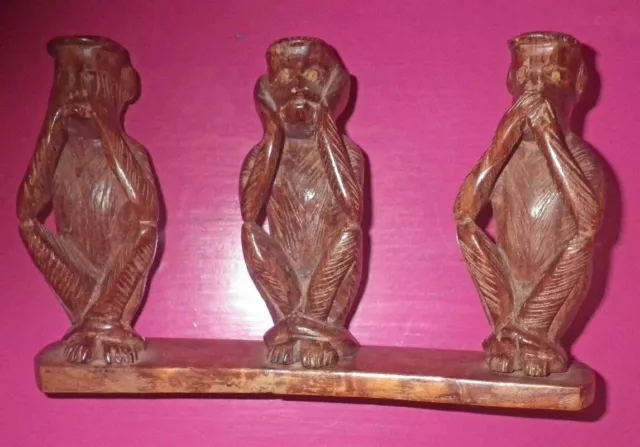 Ensemble de 3 singes de la sagesse sur socle, en bois