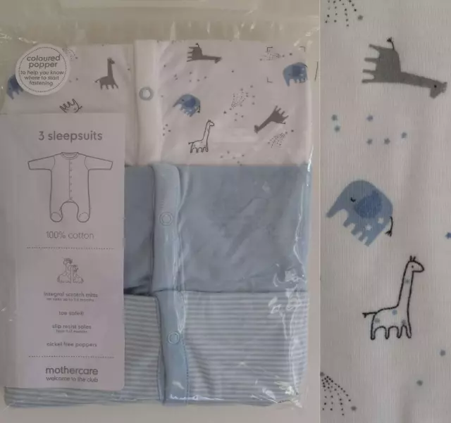 Mothercare Baby Boys Adorable Elephant Giraffe Sleepsuits Babygrows 3 Pack NEW