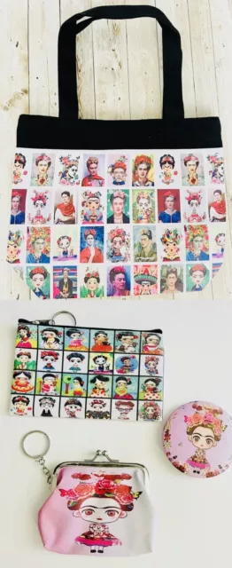 4 Piece Set 1 Frida Kahlo Tote Bag 12x14 Inches 1 Coin Bag 1 Mirror 1 Zipper Bag