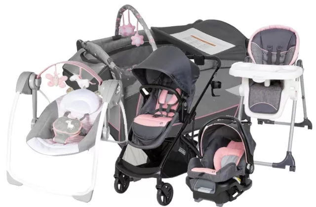 Newborn Baby Girl Pink Combo Stroller With Car Seat Set Playard Swing High Chair