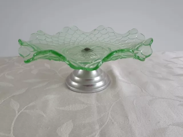 Vintage Art Deco Uranium Glass Bowl, Cake Stand  In Lovely Condition