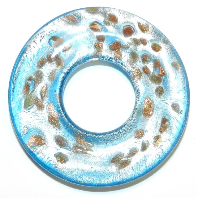 P2662 Blue Silver Foil Bronze Sparkle 50mm Round Donut Lampwork Glass Pendant