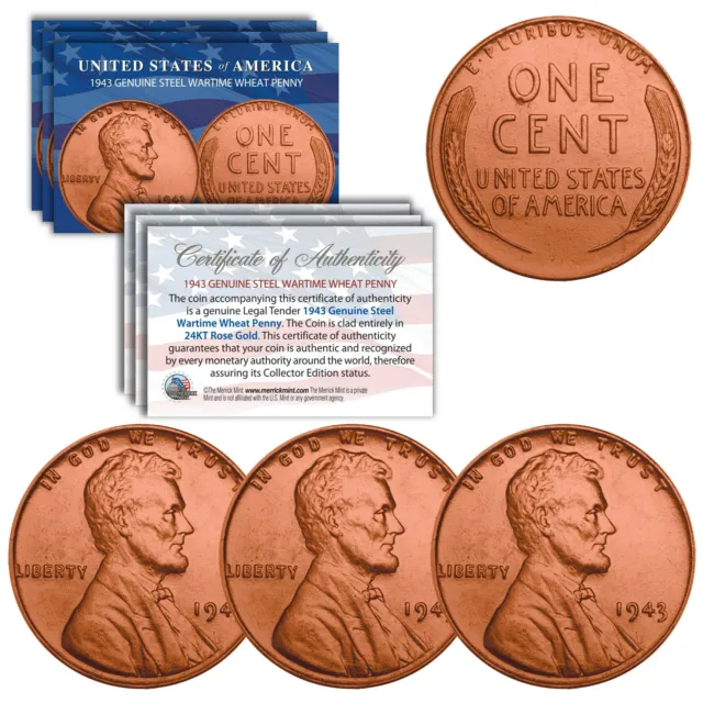1943 WWII Steel Lincoln Wheat Penny Coin Genuine ROSE GOLD Plated COA - QTY of 3