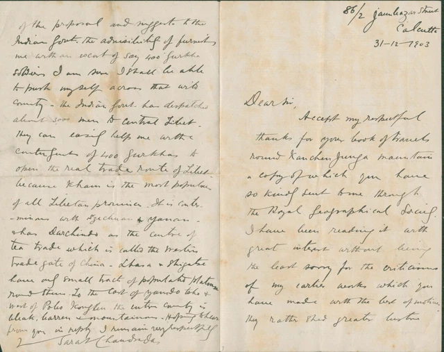 Sarat Chandra Das SIGNED AUTOGRAPH letter to Douglas Freshfield re: Tibet 1903
