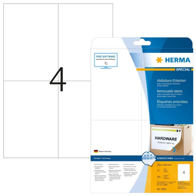 HERMA Self Adhesive Removable Multi-Purpose Labels, 4 Labels Per A4 Sheet, 100 L