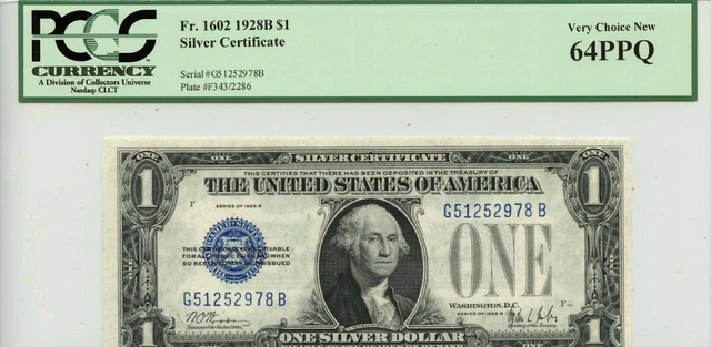 1928B $1 Silver Certificate Blue Seal FR#1602 PCGS CH 64 PPQ