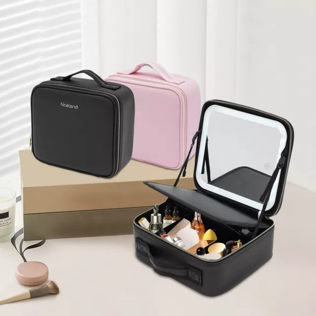 Large Capacity Travel Cosmetic Bag with Mirror & LED Light Organizer Makeup Case