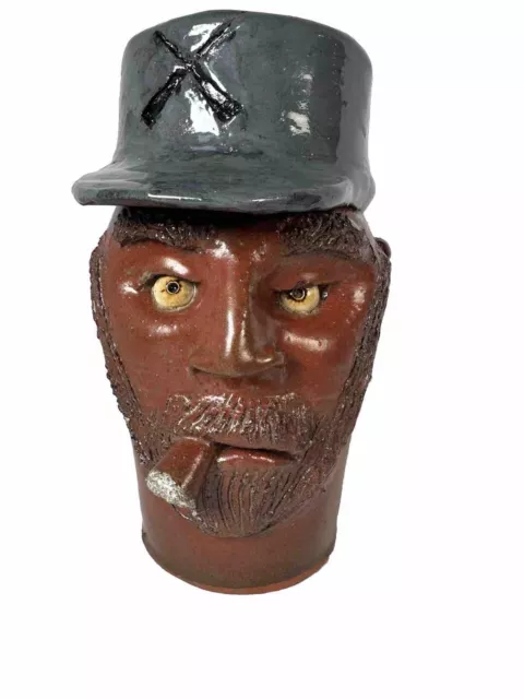 Southern Pottery Face Jug Civil War Soldier Cigar Folk Art Billy Joe Craven