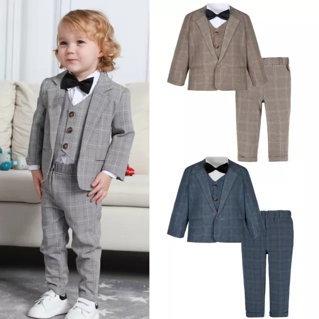 Baby Toddler Boys Plaid Outfits Formal Wedding Suit Set Gentleman Clothes 4PCS