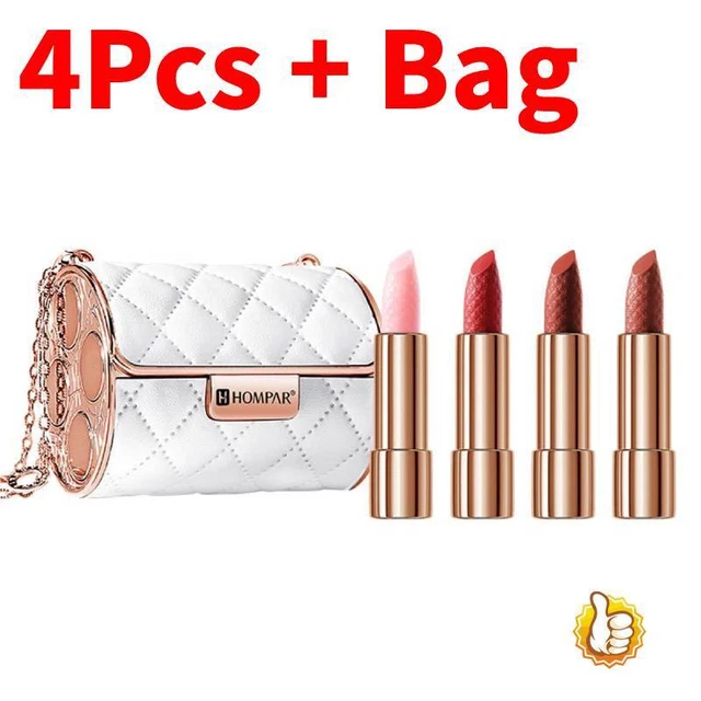 4 pz set rossetti opaco di lunga durata, bastoncino labbra con catena - confezione regalo borsa - FANTASTICO
