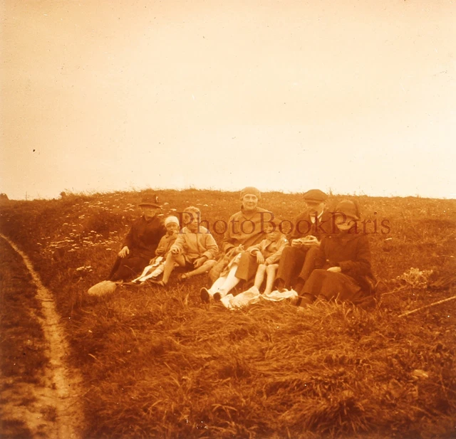 France Famille à la campagne c1930 Photo Plaque Stereo Vintage V33L19n