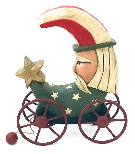 VTG. Lori Miller Whispering Pines Santa Moon Stars Wheels 11.5" Folk Art 1998