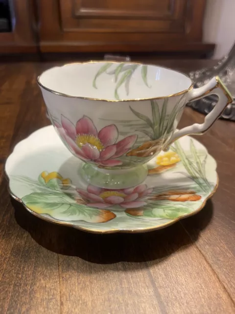 Rare Aynsley , Artist Hand Painted Lotus, Water Lily, England Tea Cup & Saucer