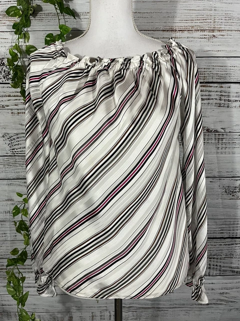 White House Black Market Blouse Top size Small Ivory Black Striped Satin Career