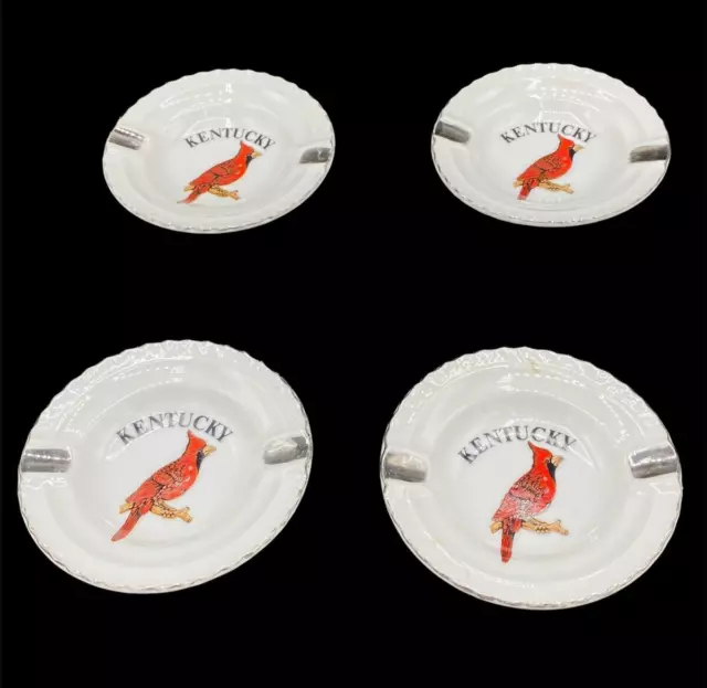 Vintage Kentucky Ashtray Stacking Set Ceramic Cardinal Bird White Silver Trim