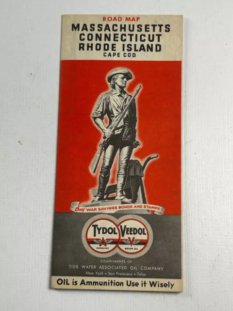 Tydol Veedol Gas Station Road Map Massachusetts Connecticut Rhode Island 1950s