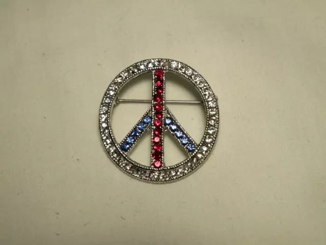 Argent Ton, Rouge, Transparent, Bleu Cristaux Paix Signe Broche