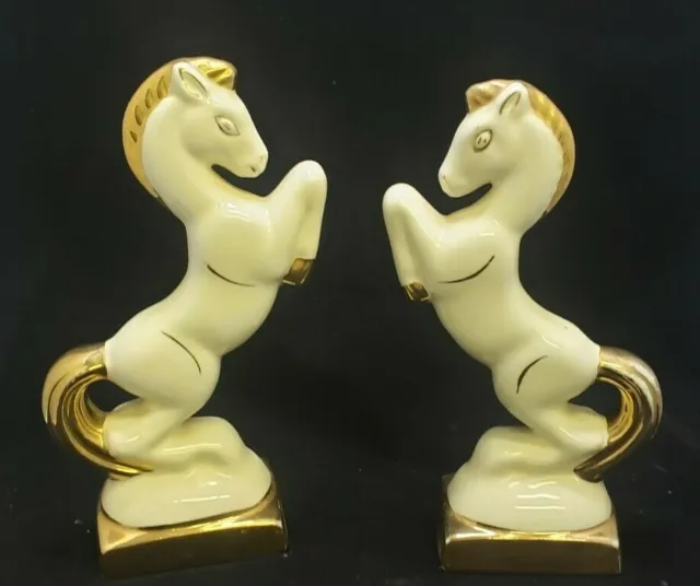 Art Deco Rearing Horse Ceramic Statue Bookend White Gold Crackle GLaze 12"  GL4