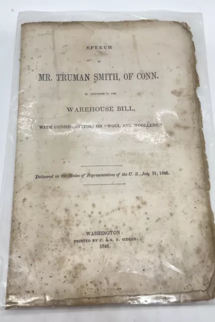 Antique Original Booklet 1846 Mr. Truman Smith Of Connecticut Speech Warehouse