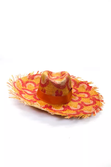 Raffaello Bettini Womens Printed Straw Fringe Wide Brim Hat Pink Orange Size 57
