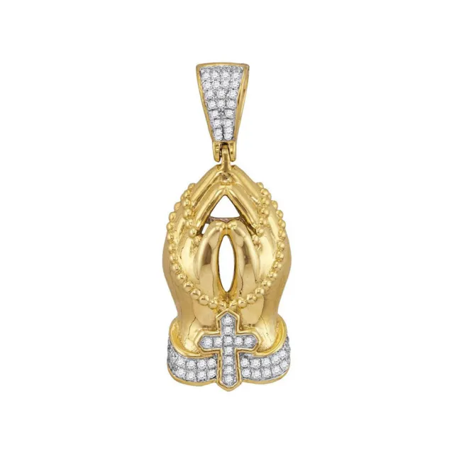 10K Yellow Gold Round Diamond Rosary Praying Hands Charm Pendant for Mens 1/4Ct.
